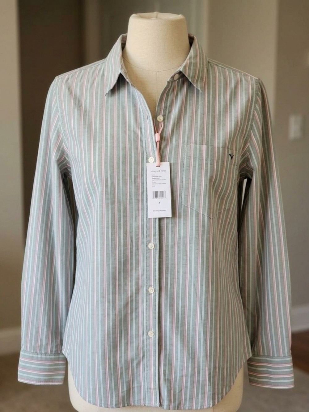 Vineyard Vines Womans Long-Sleeve Stripe Button-Down in Sage and Pink Size 4 NWT